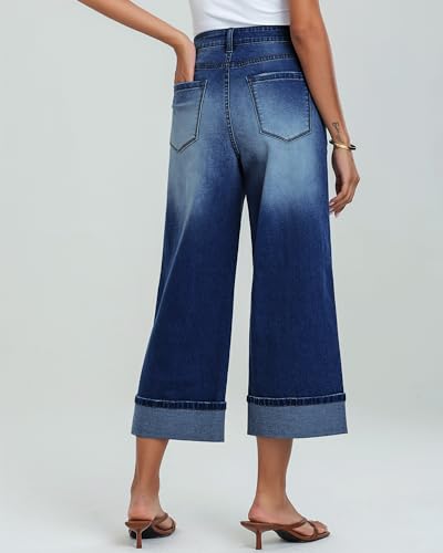 GRAPENT Womens Summer Pants: Stretch Jeans - Wide Leg Cropped Pants, Dark Blue - Sizes 12 & 14 - Image 3