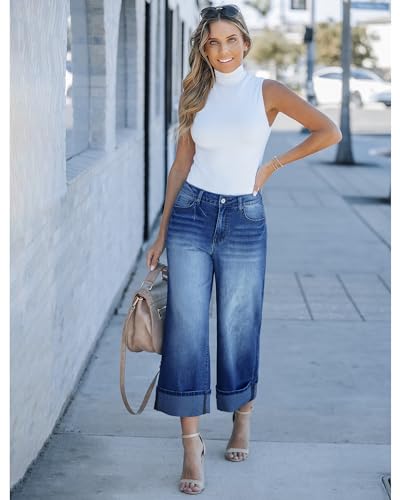 GRAPENT Womens Summer Pants: Stretch Jeans - Wide Leg Cropped Pants, Dark Blue - Sizes 12 & 14 - Image 5