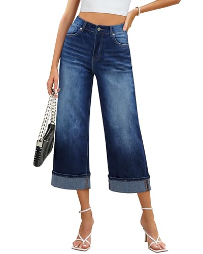 GRAPENT Womens Summer Pants: Stretch Jeans - Wide Leg Cropped Pants, Dark Blue - Sizes 12 & 14 - Image 1