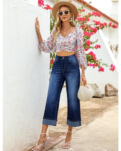 GRAPENT Womens Summer Pants: Stretch Jeans - Wide Leg Cropped Pants, Dark Blue - Sizes 12 & 14 - Image 4