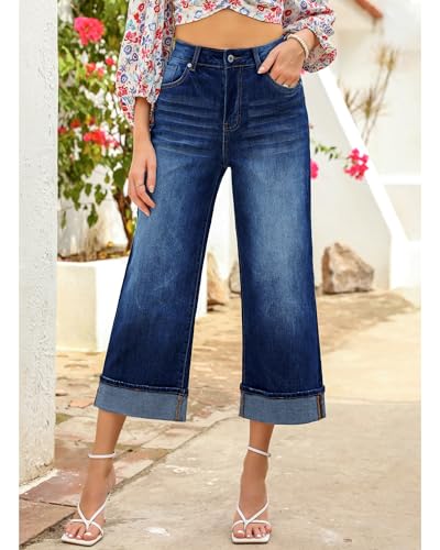 GRAPENT Womens Summer Pants: Stretch Jeans - Wide Leg Cropped Pants, Dark Blue - Sizes 12 & 14 - Image 2