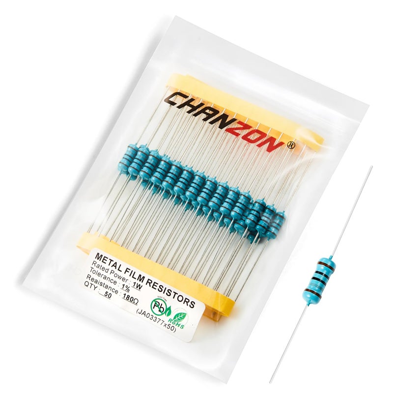 CHANZON 50pcs 1W 180Ω ohm Metal Film Fixed Resistor 0.01 ±1% Tolerance 180 R MF Through Hole Resistors Current Limiting Rohs Certificated - Image 1