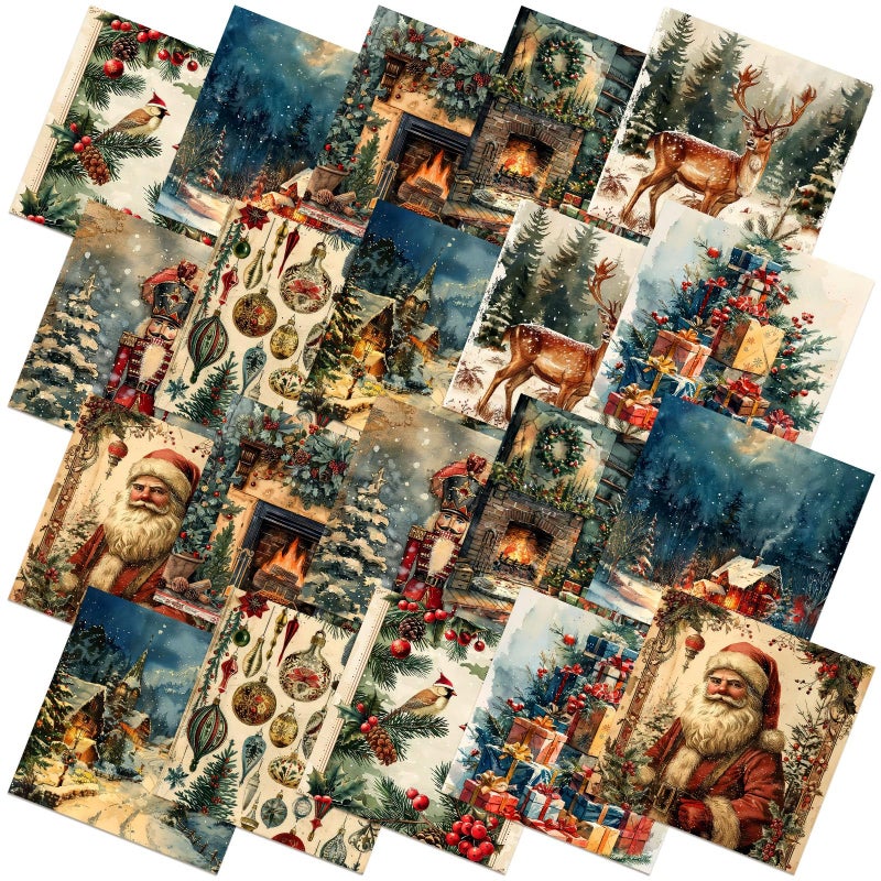 Hahafelt 10 Pcs Vintage Winter Quilting Fabrics by The Yard 20 x 20 Inch Square Nutcracker Santa Claus Square Quarter Fat Rustic Reindeer Fabrics Sewing Precut Patchwork for DIY Craft Party Decor - Image 2