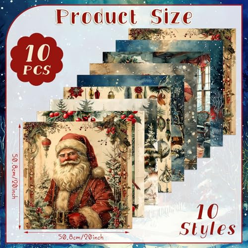 Hahafelt 10 Pcs Vintage Winter Quilting Fabrics by The Yard 20 x 20 Inch Square Nutcracker Santa Claus Square Quarter Fat Rustic Reindeer Fabrics Sewing Precut Patchwork for DIY Craft Party Decor - Image 3