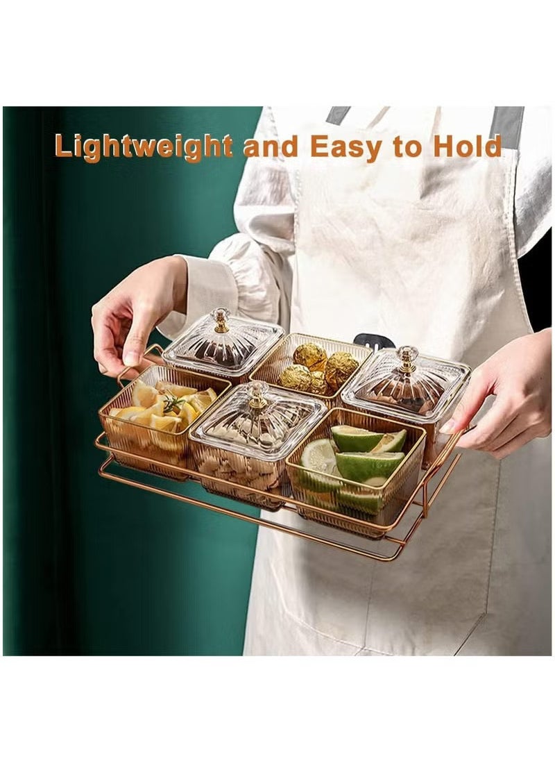 Arabest - Snack Serving Tray with Lid 6 Clear Candy and Nut Serving Container set with Metal Rack, Plastic Appetizer Platter Relish Storage Organizer Plate Food Display Bowls for Vegetables Candy Fruit Dips - Image 1