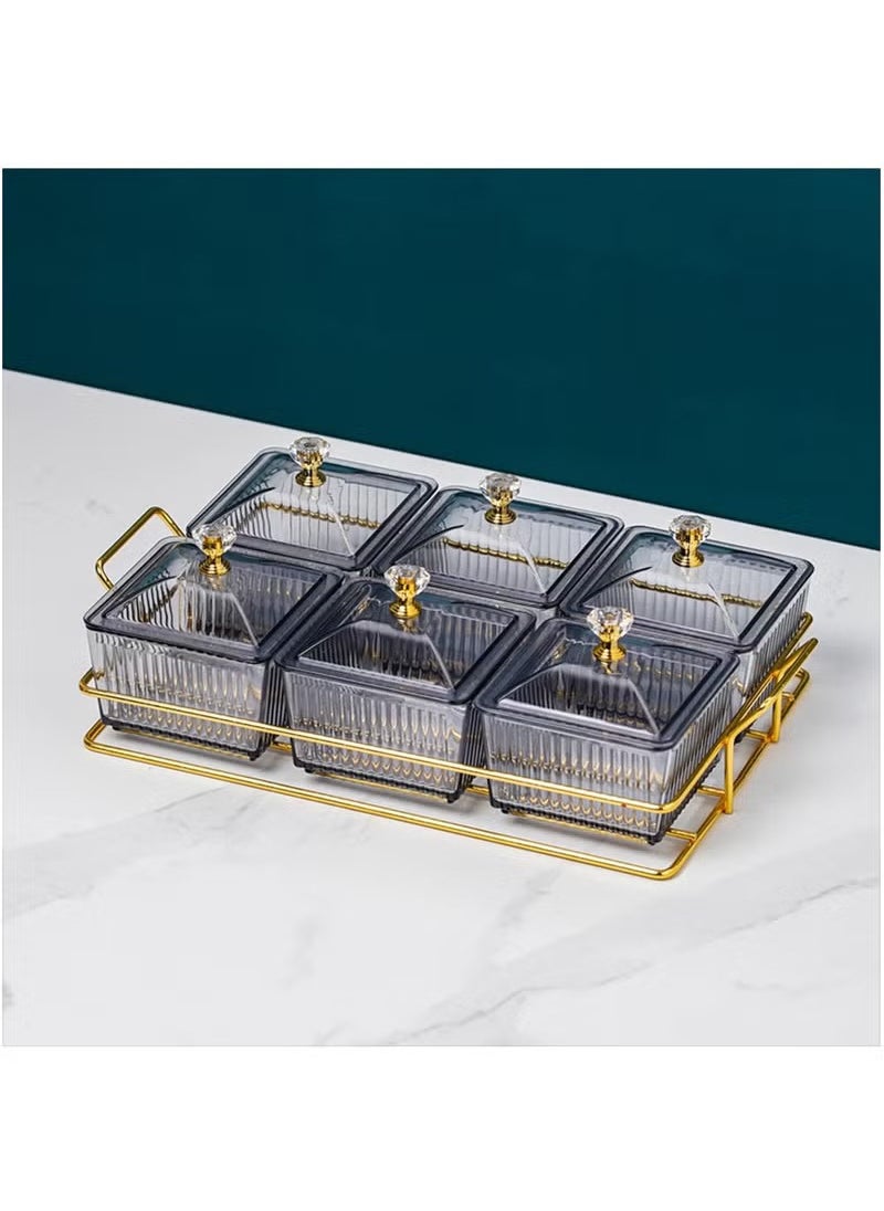 Arabest Snack Serving Tray with Lid 6 Clear Candy and Nut Serving Container set with Metal Rack, Plastic Appetizer Platter Relish Storage Organizer Plate Food Display Bowls for Vegetables Candy Fruit Dips  - Image 1