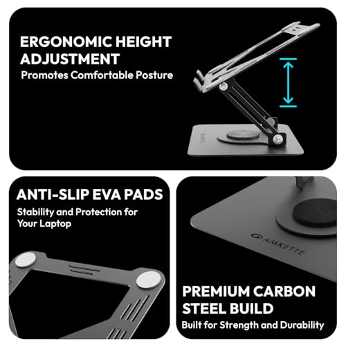 Amkette Ergo Hi-Rise V2 Laptop Stand 360 Rotation, Made with Premium Carbon Steel, Supports Up to 5kg Laptop, with Anti-Slip EVA Pads, Adjustable Height Laptop Stand Metal (Up to 27cm) - Image 2
