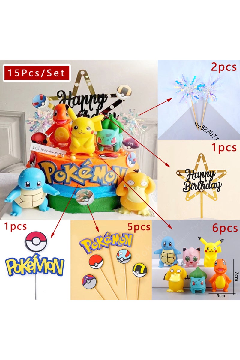15Pcs 1Set 15Pcs/set Pokemon Cake Topper Pikachu Anime Figure Party Happy Birthday Pokemon Cake Deco