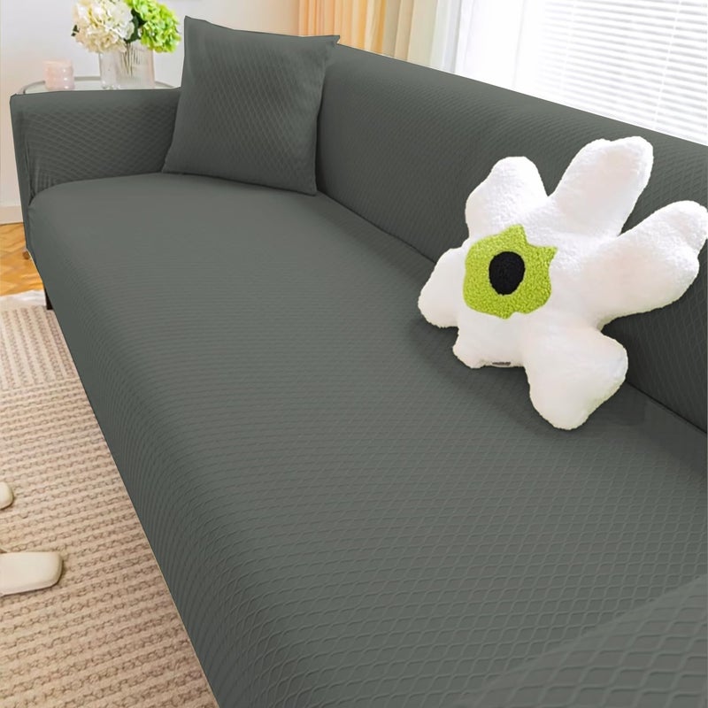 Lukzer غطاء أريكة جاكار عالمي 3 مقاعد من لوكزر مع 2 غطاء وسادة لمسة ناعمة مرنة قابلة للتمدد (رمادي داكن باستيل بنمط الماس المنحني/SC-150-03/180-230 سم) (220 غرام لكل متر مربع) - Image 1