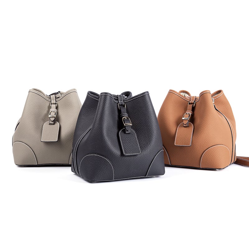Export Korean Designer Women'S Handmade Vintage Cowhide Bucket Bag Litchi Pattern Drawstring Commuter Bucket Bag - Image 3