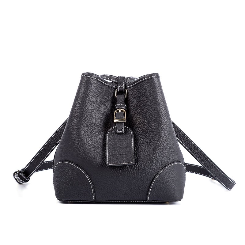 Export Korean Designer Women'S Handmade Vintage Cowhide Bucket Bag Litchi Pattern Drawstring Commuter Bucket Bag - Image 2