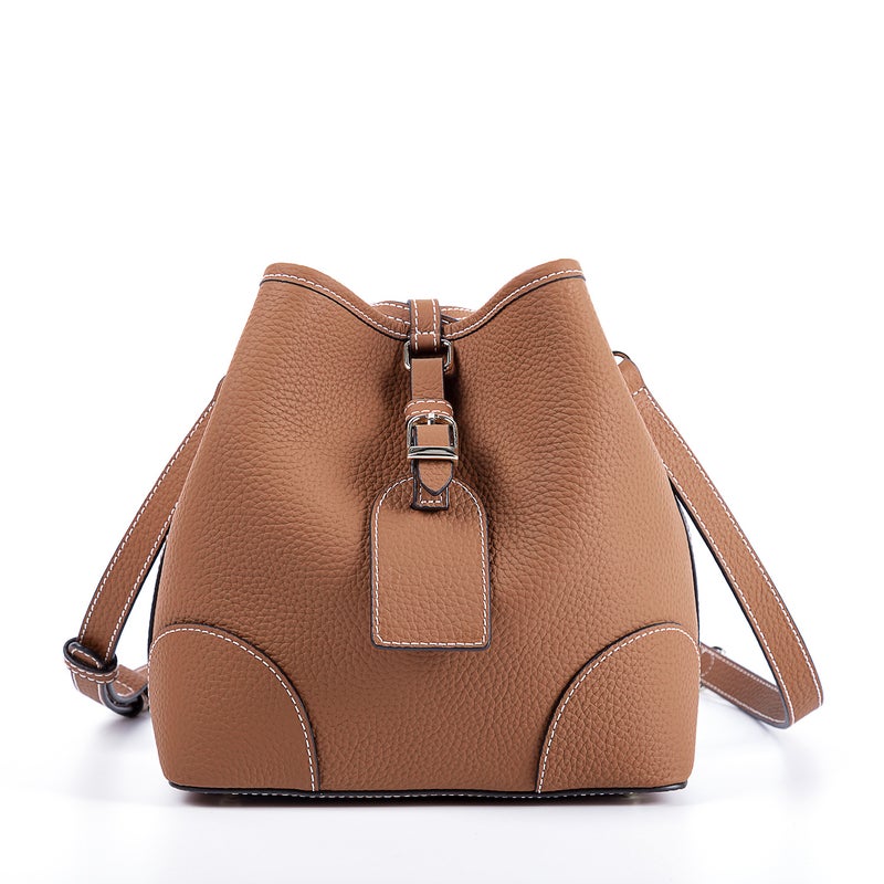 Export Korean Designer Women'S Handmade Vintage Cowhide Bucket Bag Litchi Pattern Drawstring Commuter Bucket Bag - Image 1