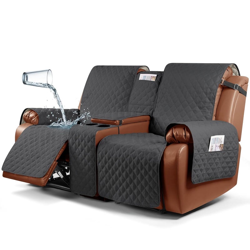 Ruaozz Waterproof Recliner Loveseat Cover with Console NonSlip Couch Cover Pet Cover for Double Recliner Split Sofa Cover with Elastic Straps for Kids Dogs Pets Charcoal Grey2 Seater