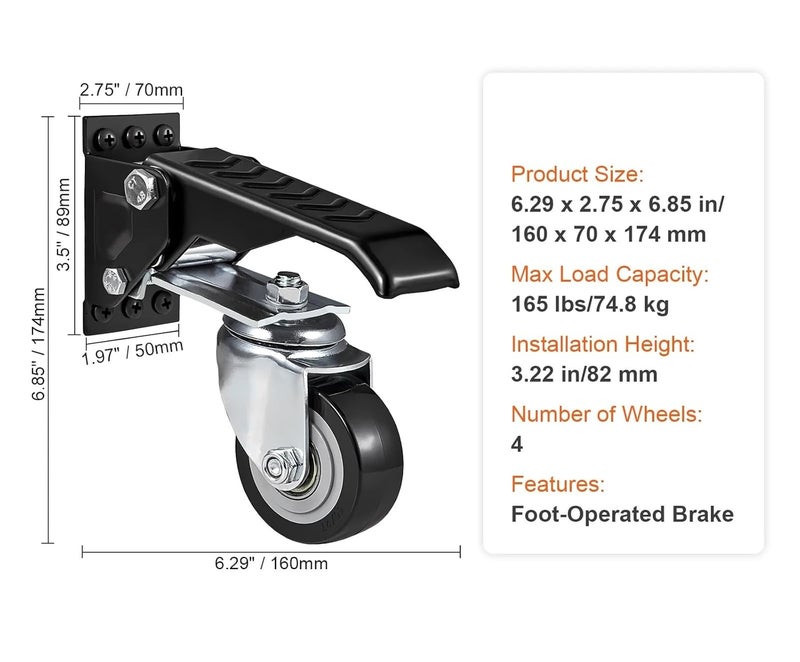 عجلات دوارة قابلة للسحب 4 قطع، مثبتة جانبيًا، قابلة للتعديل، ذات عجلات منخفضة الخطوة للأثاث - Image 3