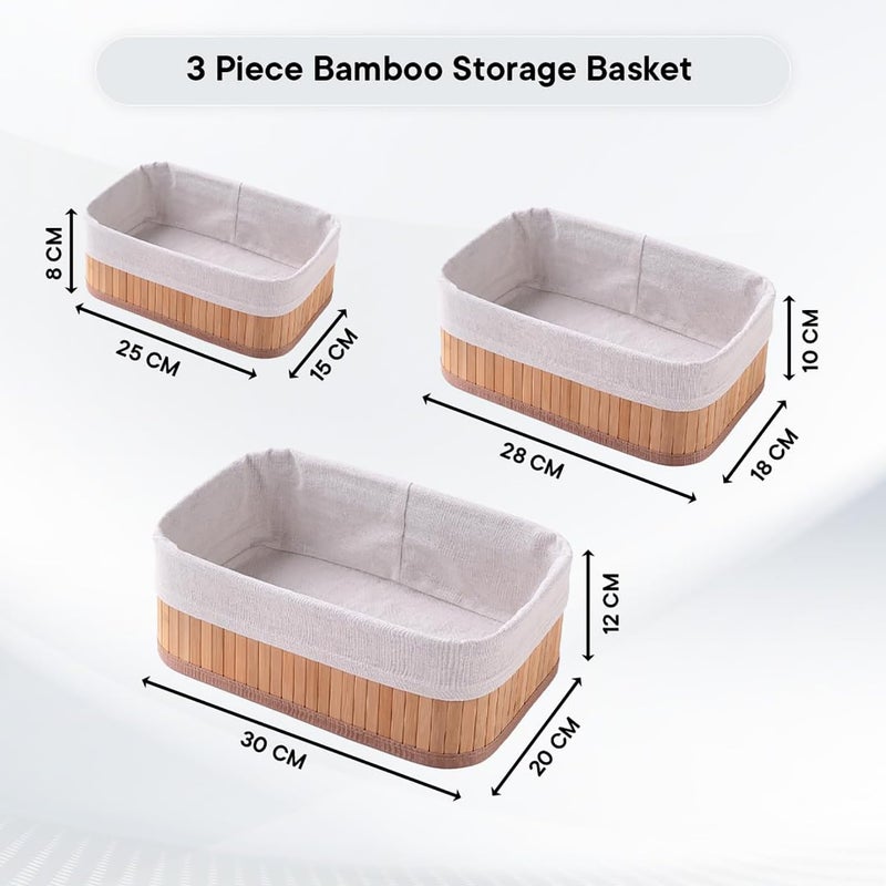 Homestic Pack of 3 Bamboo Storage Basket With Liner|Fodable Storage Organizer|Box For Cloth, Toiletry, Bathroom|Capacity 7L, 4.8L, 2.8L|Natural|