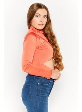 PUBLIC DESIRE Women Plain Cut-Out Long Sleeves Bodysuit, Orange  - Image 4