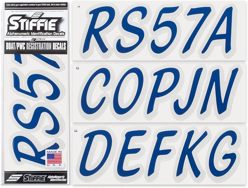 Stiffie WHIPLINE Solid 3" Alpha-Numeric Registration Identification Numbers Stickers Decals for Boats & Personal Watercraft (Navy / Metallic Silver) - Image 1