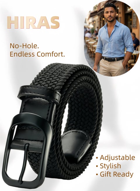 No-Hole Adjustable Elastic Belt for Men, Woven Stretch Belt with Metal Buckle – Formal & Casual Braided Canvas Belt for Jeans, Pants, Golf – Perfect Gift Box for Him