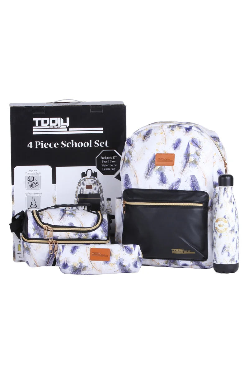 TOOLY TOOLY School Set 4 Pcs, Backpack with Purple Feather Pattern, Lunch Bag, Pencil Case, Water Bottle(Size: H 42 X 30 X 13 CM)