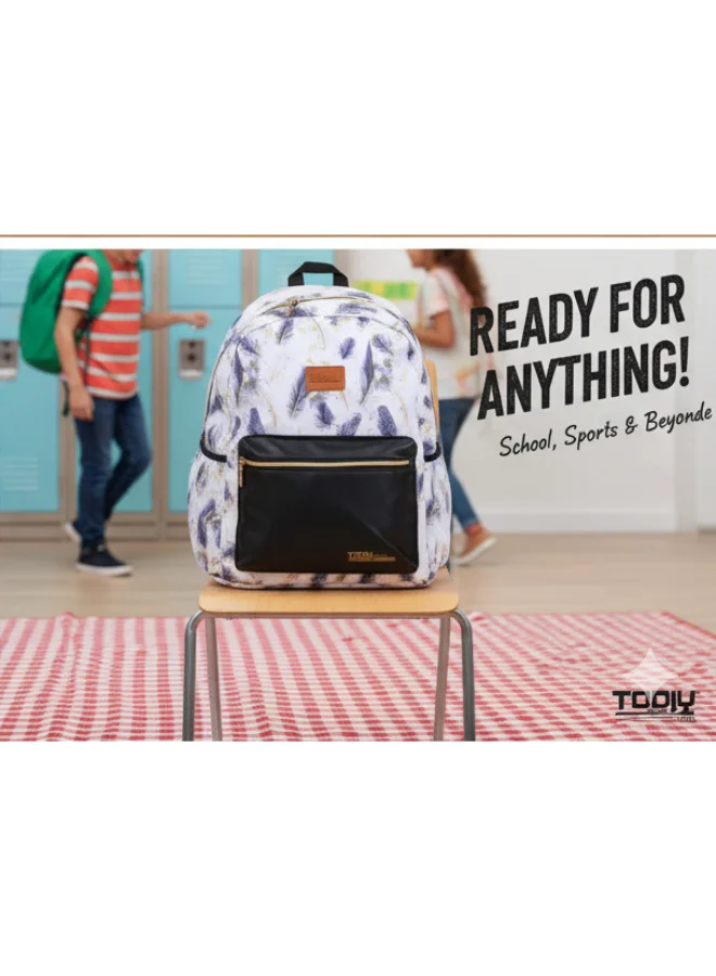 تولي مجموعة أدوات مدرسية من تولى  قطع، حقيبة ظهر بنقشة ريش بنفسجي، حقيبة غداء، مقلمة، زجاجة مياه