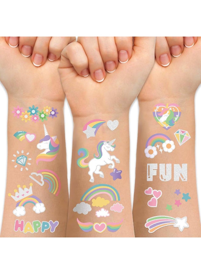 HTKCRX Temporary Tattoo for Kids Unicorn Rainbow Flower Cute-118 Glitter Styles Crown Swan Metallic Waterproof Groovy Fake Tattoos Body Face Tattoos Stickers Birthday Party Favors Decorations for Girls Boys - Image 1