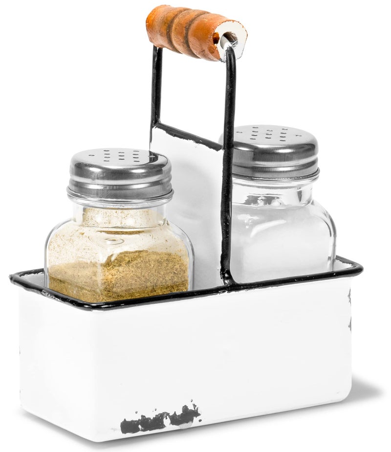 Red Co. Glass Salt & Pepper Shakers in Enamelware Metal Carrying Caddy with Wooden Handle, White/Black Rim - Image 1