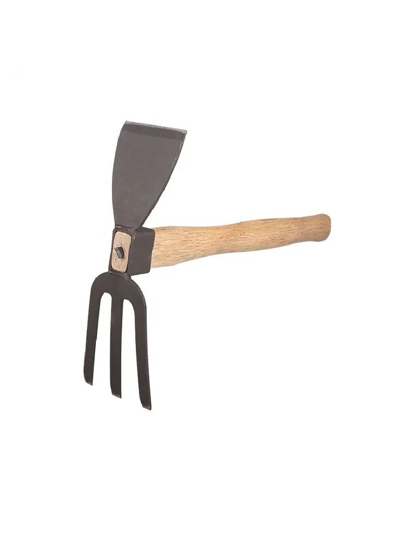 Yuwell Stainless Japanese Style Garden And Cultivator Dual Headed 3 Prongs Combo Garden Tools With Wood Handle - Image 1