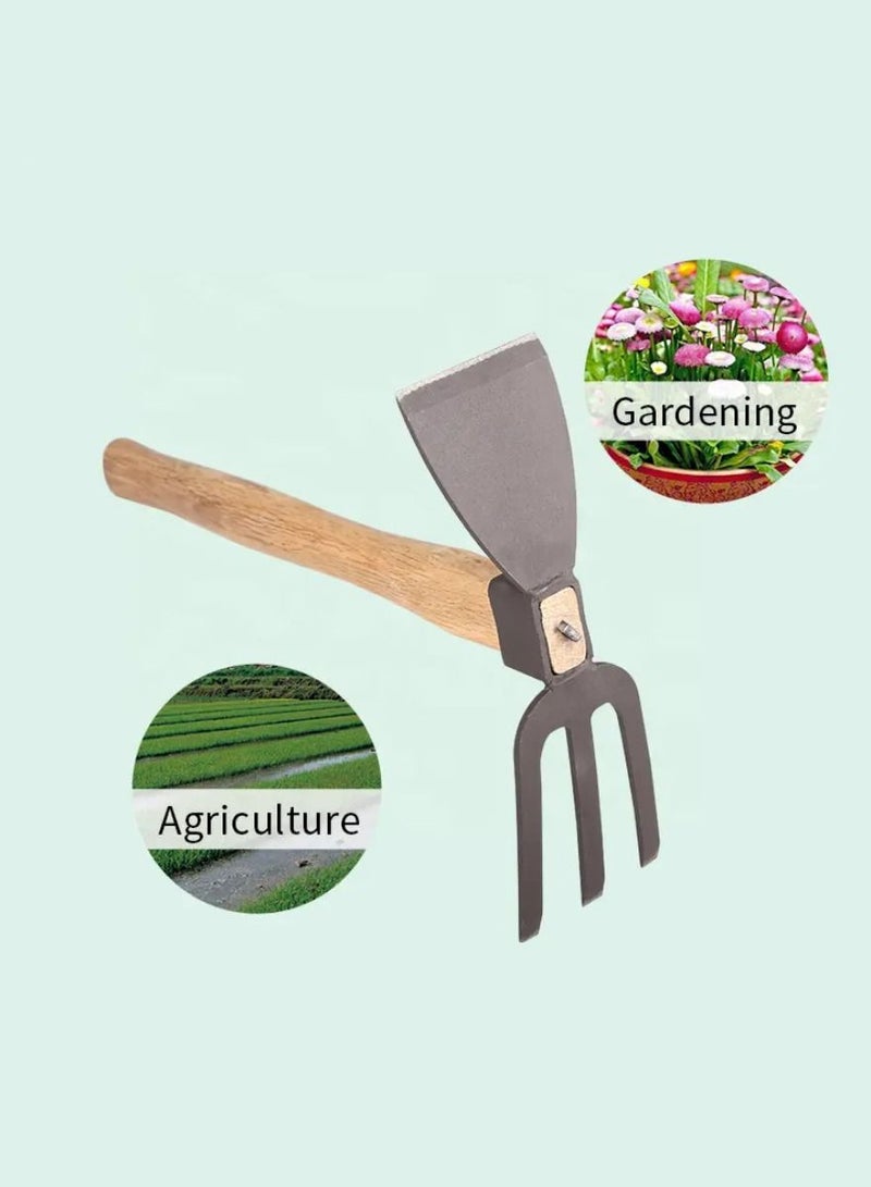 Yuwell Stainless Japanese Style Garden And Cultivator Dual Headed 3 Prongs Combo Garden Tools With Wood Handle - Image 3