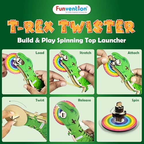 Funvention Birthday Return Gift (Pack of 6) T-Rex Twister Blade DIY Spinning Top Launcher Toy for Kids, 2 Battling Game Spin Top Starter with One Launcher Build & Play STEM Toy, Green Color - Image 3
