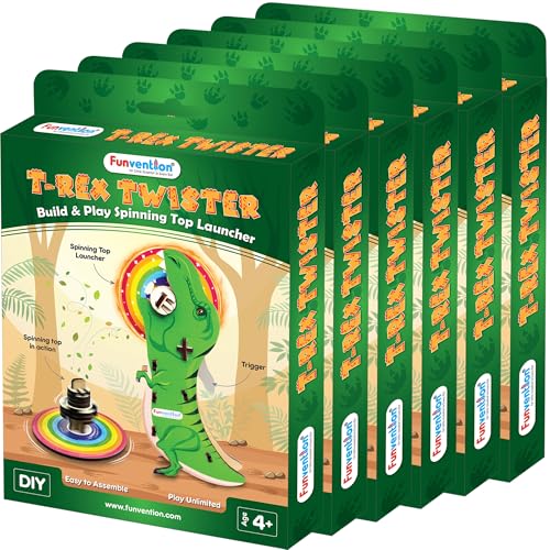 Funvention Birthday Return Gift (Pack of 6) T-Rex Twister Blade DIY Spinning Top Launcher Toy for Kids, 2 Battling Game Spin Top Starter with One Launcher Build & Play STEM Toy, Green Color - Image 1