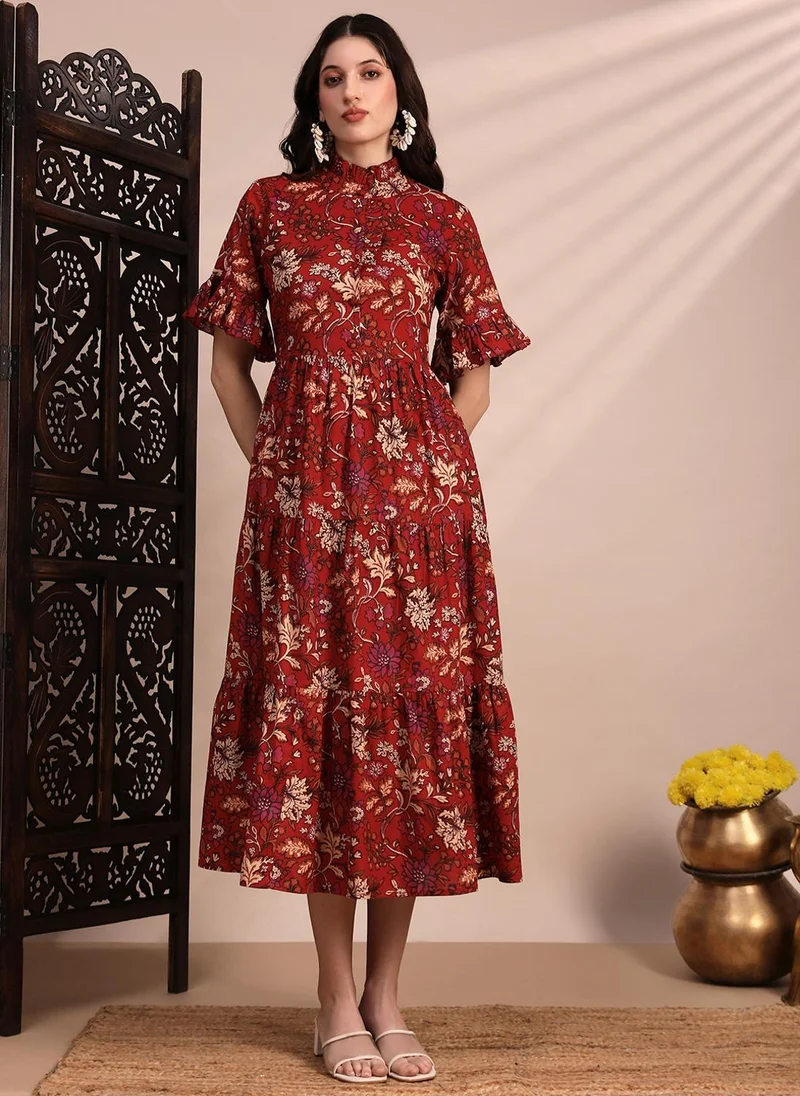 Globus Globus Women's Red Floral Print High Neck Tiered A Line Midi Dress