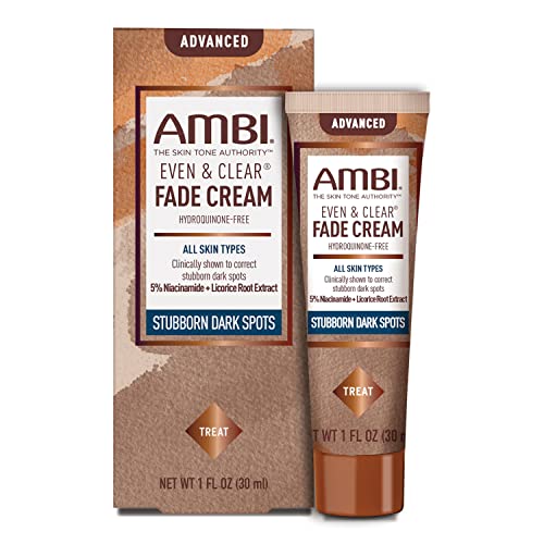 ambi كريم أمبي إيفن وكلير المتقدم لتفتيح البشرة، خالي من الهيدروكينون، علاج فرط التصبغ، مصحح للبقع الداكنة العنيدة، نتائج في غضون 2-3 أسابيع، نياسيناميد، مستخلص جذر العرقسوس، PHA، 1 أونصة سائلة - Image 1