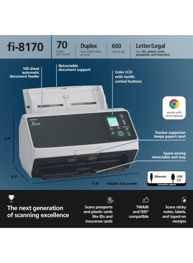 ريكو RICOH fi-8170 Professional High Speed Color Duplex Document Scanner - Network Enabled - Image 2