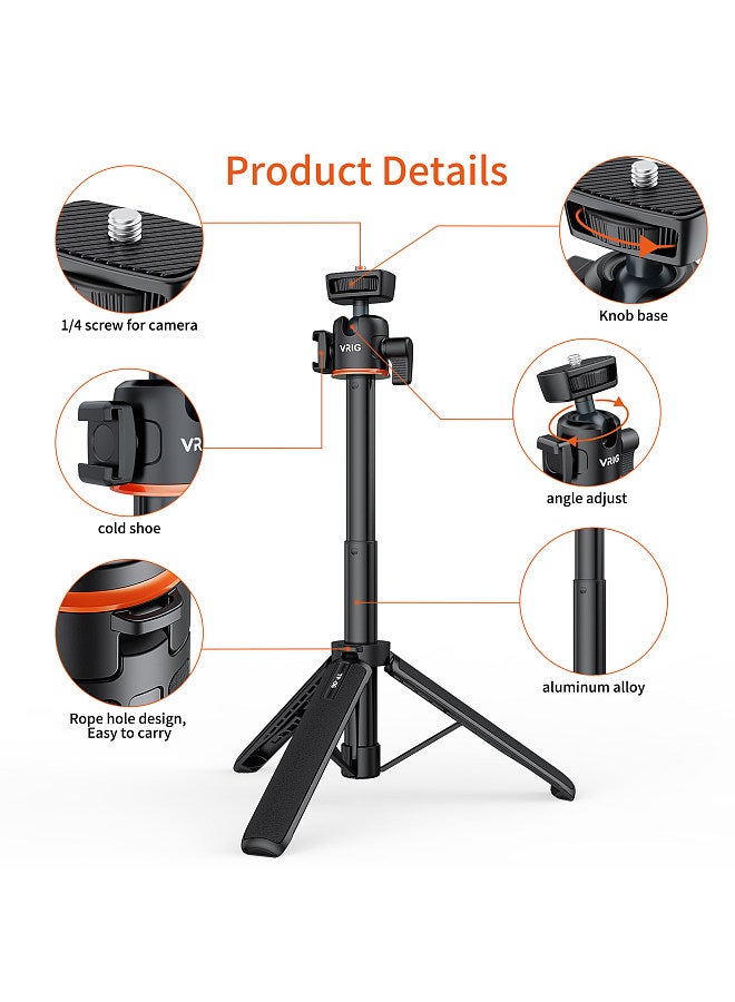 VRIG TP-06 Portable Selfie Stick Tripod Stand Aluminum Alloy with 1/4 Inch Screw Cold Shoe Mount 360° Rotatable Ballhead 55cm/21.6in Max. Height 1.5kg Load Capacity  - Image 3