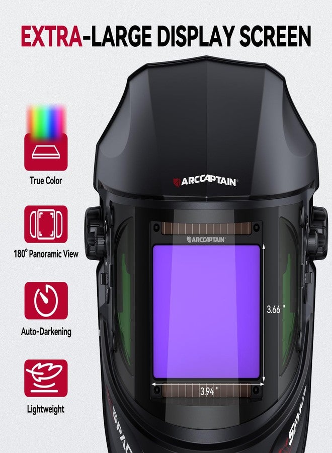 ARCCAPTAIN Auto Darkening Welding Helmet with Side View, 180° Panoramic View, 1/1/1/1 True Color Large Viewing Welding Hood with 4 Arc Sensor Solar Powered, Wide Shade 4/5-9/9-13 for TIG MIG ARC CUT - Image 3