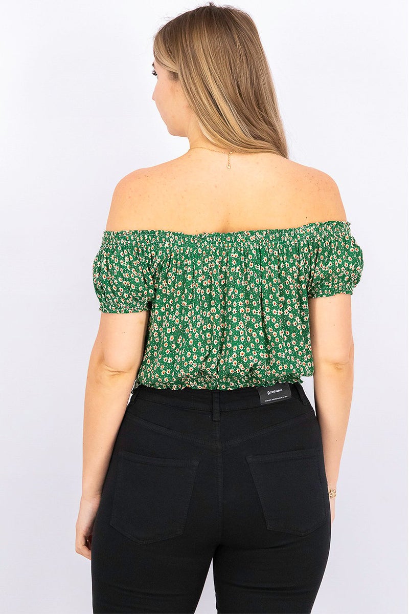 women'secret بلوزة نسائية بأكتاف مكشوفة وأكمام قصيرة مزخرفة بالزهور، مجموعة خضراء - Image 2