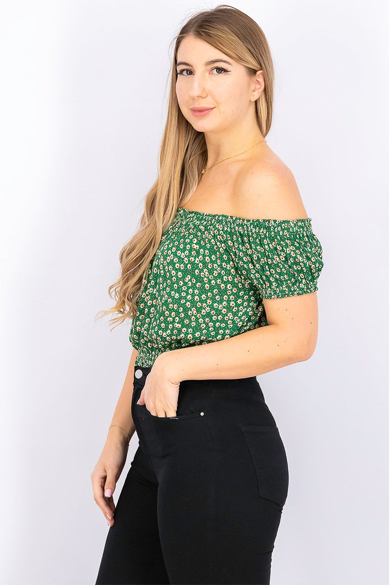 women'secret بلوزة نسائية بأكتاف مكشوفة وأكمام قصيرة مزخرفة بالزهور، مجموعة خضراء - Image 4