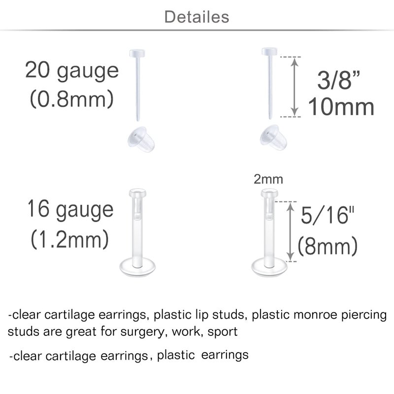 Modrsa 16G 20G Clear Cartilage Earrings Stud Plastic Earrings Lip Rings Push On Plastic Medusa Labret Piercing Retainer Flat Labret Lip Retainers For Work Sports Surgery - Image 2