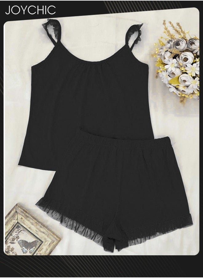 Joychic - Women's Summer Solid Color Polyster Suspender Backless Pajamas Smooth and Cool Mesh Trimmed Sleeveless Nightgown Bedroom Sleepwear Black - Image 1