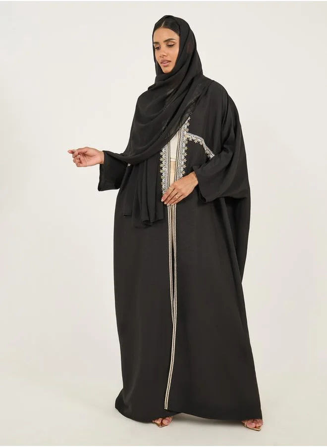 Styli Lace Trim Collarless Open Front Abaya