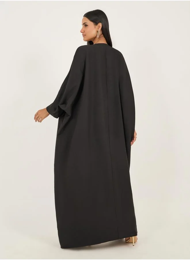 Styli Lace Trim Collarless Open Front Abaya