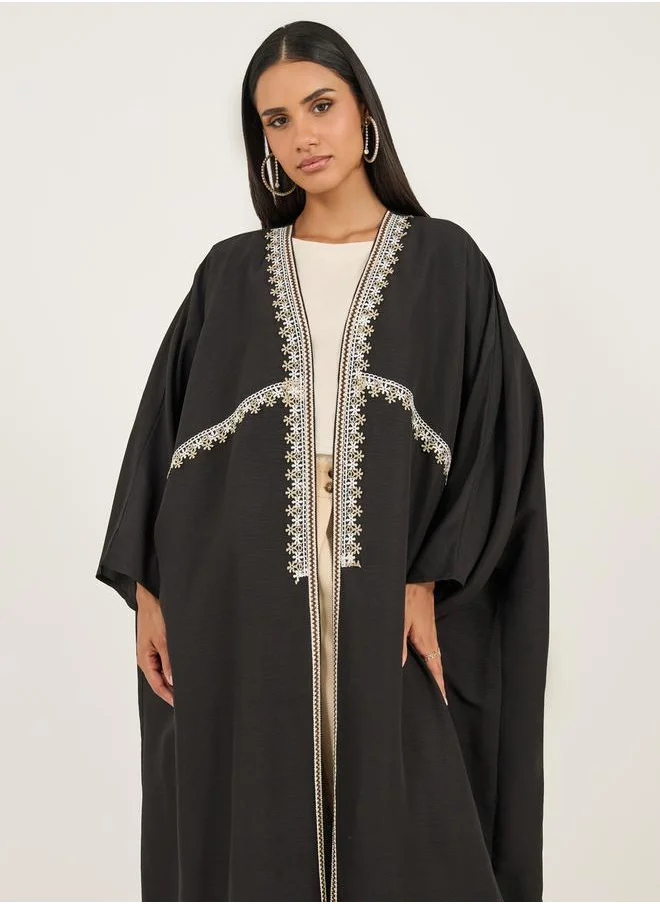 Styli Lace Trim Collarless Open Front Abaya