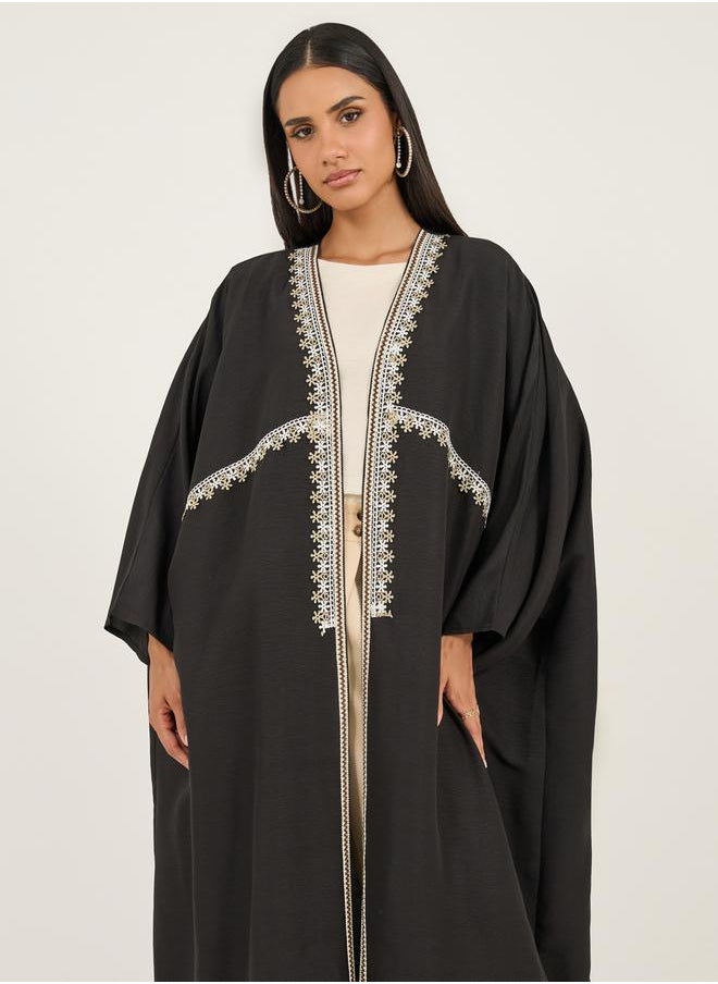 Styli Lace Trim Collarless Open Front Abaya  - Image 3