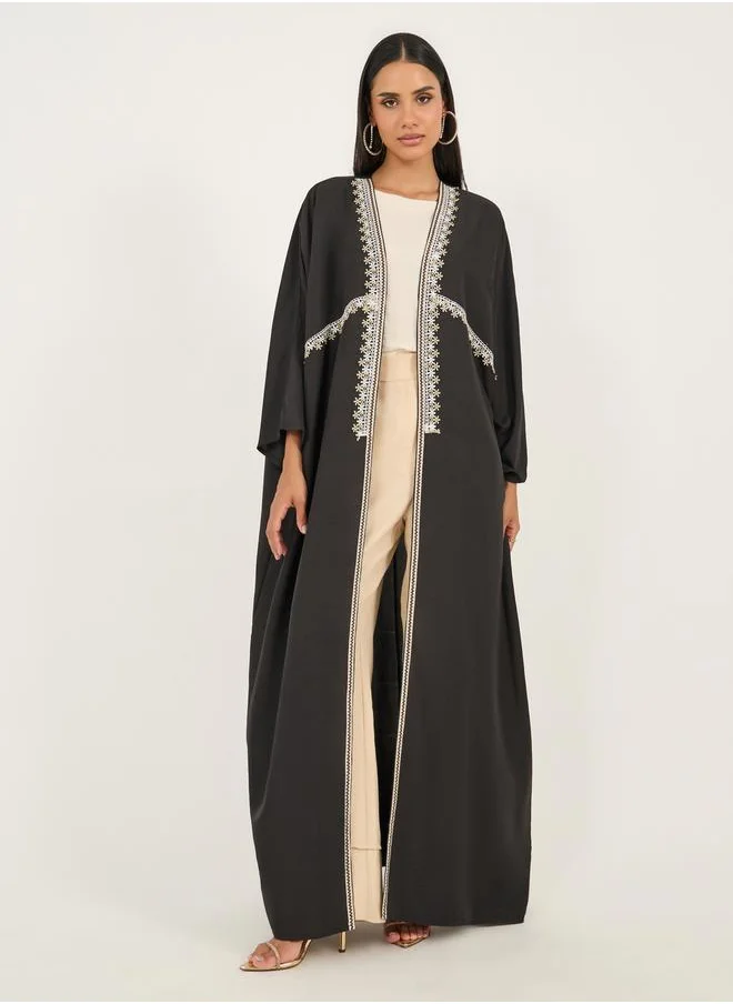 Styli Lace Trim Collarless Open Front Abaya