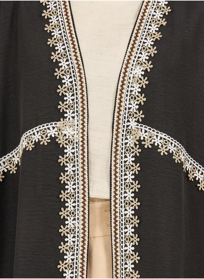 Styli Lace Trim Collarless Open Front Abaya