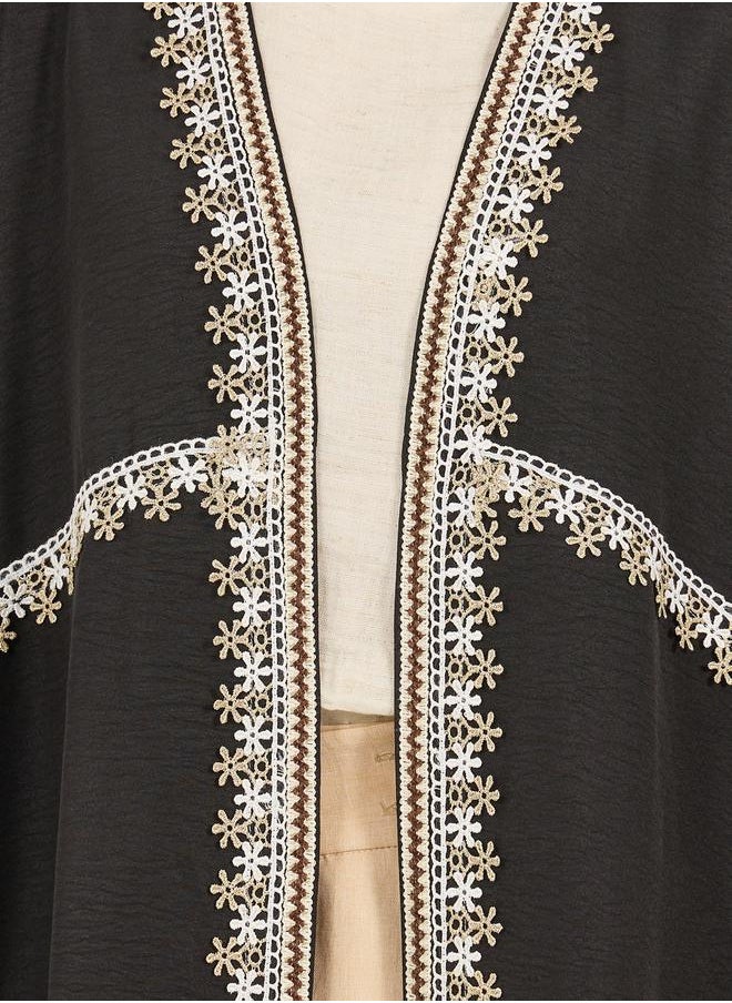 Styli Lace Trim Collarless Open Front Abaya  - Image 4