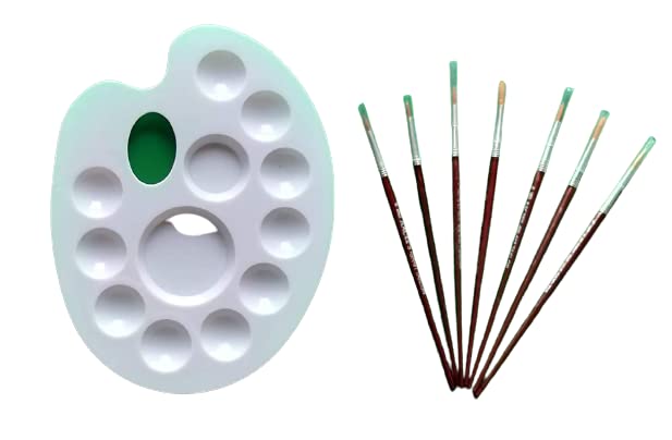 FIRST CLICK Art 12 Wells 301 Kidney Shaped Plastic White Palette + Set of Rounded Painting Brush - Image 1