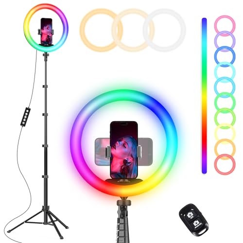 UBeesize 12” RGB Selfie Ring Light with 62” Extendable Tripod Stand & Remote, LED Light with Phone Holder for Video Recording/Makeup/Content Creator (YouTube/TikTok/Twitch), Phone, Camera & Webcam - Image 1