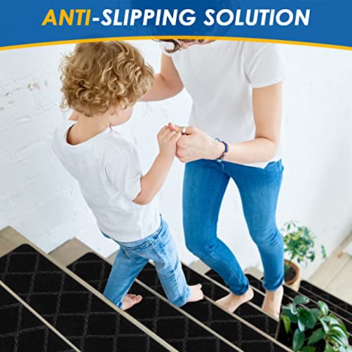 RIOLAND Stair Treads Carpet Non-Slip Indoor 15 PCS Wood Stair Treads Rugs Anti Moving Modern Stair Runners Safety for Kids Dogs, 8" X 30", Diamond Black - Image 2
