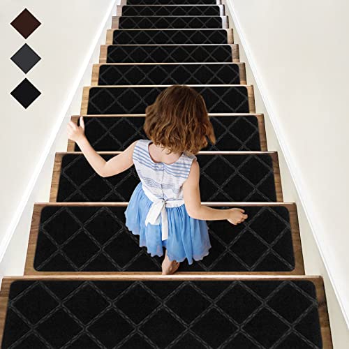 RIOLAND Stair Treads Carpet Non-Slip Indoor 15 PCS Wood Stair Treads Rugs Anti Moving Modern Stair Runners Safety for Kids Dogs, 8" X 30", Diamond Black - Image 1